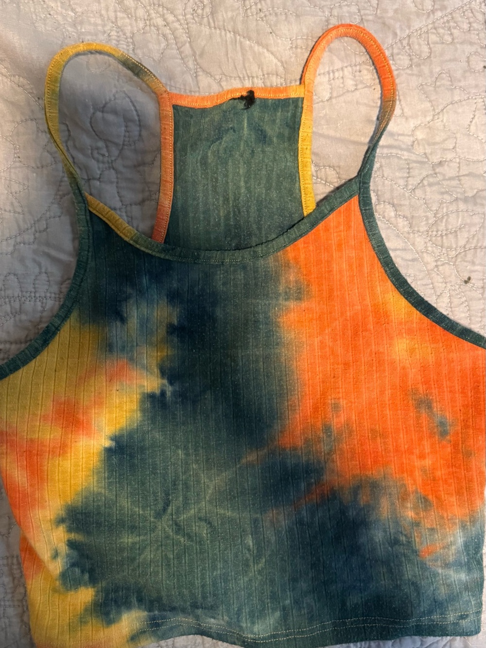 Tie-Dye Ribbed Cropped Tank Top - Orange, Yellow, Blue